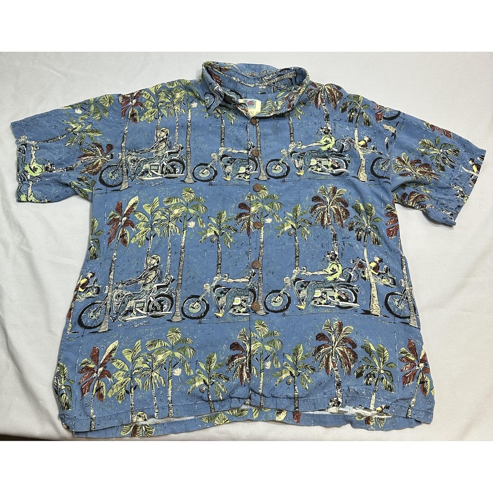Avi Kahala Shirt Mens L Blue Motorcycle Palm Tree Rayon Hawaiian Summer Camp